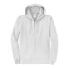 A white Port & Company full-zip hoodie with white drawstrings and a white label.