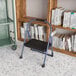 A Cosco blue step stool in front of a bookshelf.