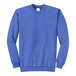 A Port & Company heather royal blue core fleece crewneck sweatshirt with a white logo on the front.