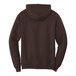 A back view of a dark chocolate brown Port & Company Core Fleece pullover hoodie.