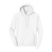 A white Port & Company fleece hoodie with a hood.