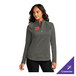 A women's medium gray steel quarter-zip sweatshirt made from a poly/cotton blend, featuring a customizable logo on the chest.