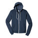 A heather navy Bella + Canvas zip up hoodie.
