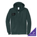 A dark green full-zip hoodie sweatshirt with a small patch on the chest and a customizable option.