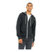 A person wearing a dark gray Bella + Canvas zip-up hoodie.