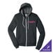 A dark gray heather full-zip hoodie sweatshirt with a hood, white drawstrings, and a customizable logo on the chest.