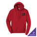A red unisex pullover hoodie sweatshirt with a front pocket and customizable design.