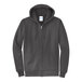 A charcoal Port & Company zip up hoodie.