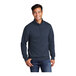 A man wearing a Port & Company navy quarter-zip pullover sweatshirt.