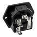 A black Avantco power cord receptacle with silver metal connectors.