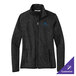 A women's black heather fleece sweater jacket with a full front zipper and customizable logo on the chest.