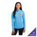 A women's medium pond blue heather quarter-zip pullover sweatshirt with a customizable logo on the chest.