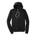 A black Bella + Canvas sponge fleece pullover hoodie with white strings.