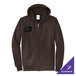 A dark chocolate brown full-zip hoodie sweatshirt with a customizable patch on the chest.