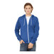 A man wearing a Bella + Canvas blue sponge fleece full-zip hoodie.