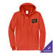 A customizable orange full-zip hoodie sweatshirt with a small chest graphic and front pockets.