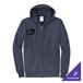 A heather navy full-zip hoodie sweatshirt with a customizable design on the left chest.
