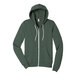 A military green Bella + Canvas zip up hoodie.