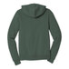 A back view of a military green Bella + Canvas Sponge Fleece full-zip hoodie with the hood up.