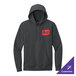 A charcoal unisex fleece hoodie sweatshirt with a red patch on the chest and customizable options.