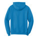 A blue Port & Company fleece pullover hoodie with white drawstrings.