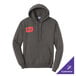 A charcoal gray unisex pullover hoodie sweatshirt with a front pocket and a small red graphic on the chest, available for customization.