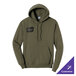 An olive drab green unisex pullover hoodie sweatshirt with a front pocket and a small chest graphic, made from a cotton and polyester blend.