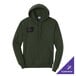 A medium olive green unisex pullover hoodie sweatshirt with a front pocket and a small patch on the chest, made from a cotton and polyester blend.