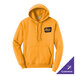 A gold unisex pullover hoodie sweatshirt with a front pocket and a customizable logo on the chest.
