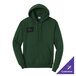 A dark green unisex pullover hoodie sweatshirt with a front pocket and customizable design.