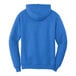 A blue Port & Company Core Fleece pullover hoodie with white drawstrings.