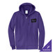 A purple full-zip hoodie sweatshirt with a customizable design on the chest.