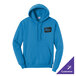 A medium-sized unisex sapphire blue fleece pullover hoodie sweatshirt with a front pocket and customizable chest logo.
