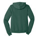 A close-up of a Bella + Canvas heather forest green full-zip hoodie with a hood.