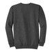The back of a dark heather gray Port & Company core fleece sweatshirt with a black logo.