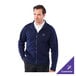 A unisex navy blue full-zip fleece jacket with a small embroidered logo on the chest.