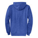 A blue Port & Company full-zip hoodie with the word "Hoodie" on the back.