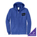 A medium-sized heather royal blue full-zip hoodie sweatshirt made from a cotton and polyester blend, featuring a customizable design on the chest.