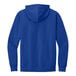 A close-up of the hood on a deep royal blue District sweatshirt.