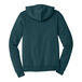 The back view of a Bella + Canvas Atlantic Blue full-zip hoodie with a hood.
