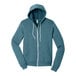 A Bella + Canvas unisex teal full-zip hoodie.