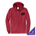 A heather red full-zip hoodie sweatshirt with a small chest graphic and customizable options.