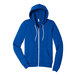 A Bella + Canvas unisex blue zip up hoodie with a zipper.