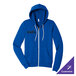 A blue unisex full-zip hoodie sweatshirt with a front pocket and customizable logo, shown in extra large size.
