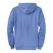 A close-up of a Carolina blue Port & Company full-zip hoodie with a hood.
