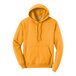 A gold Port & Company core fleece pullover hoodie with white drawstrings.