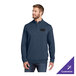 A medium-sized unisex blue quarter-zip pullover sweatshirt with a customizable logo on the chest.