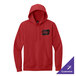 A red unisex fleece hoodie sweatshirt with a front pocket and a small customizable logo on the chest.