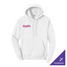 A white unisex pullover hoodie sweatshirt with a front pocket and customizable logo on the chest.