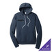 A navy blue unisex pullover hoodie with a front pocket and white drawstrings, featuring a customizable logo on the chest.